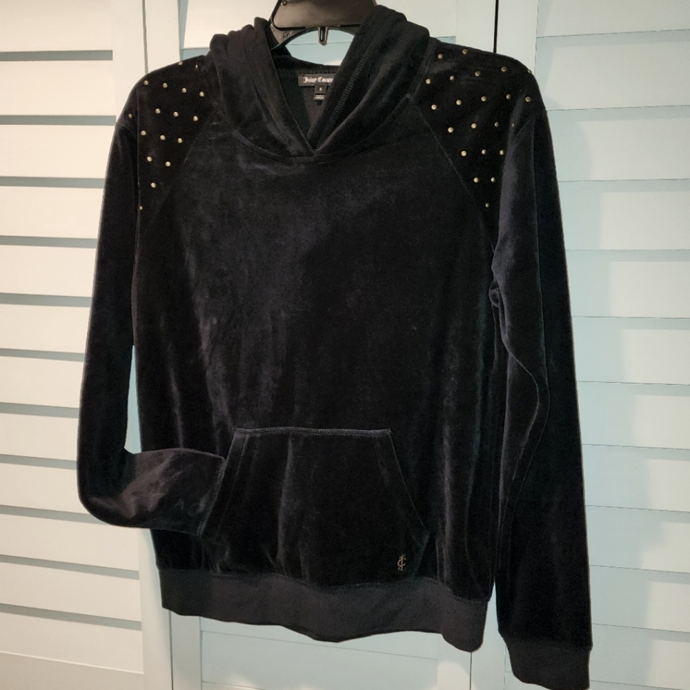 Juicy Couture Y2K Velour Pullover Hoodie Black Long Sleeve Small